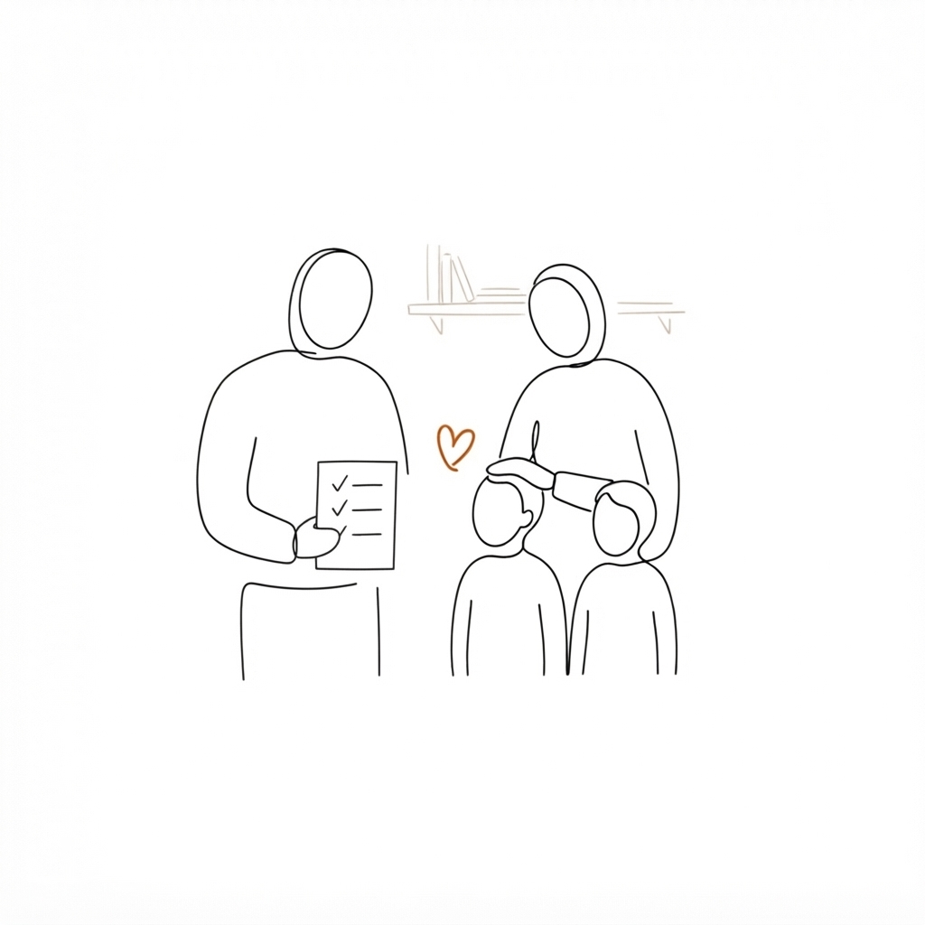 A family with a completed checklist and a quiet, caught-up moment